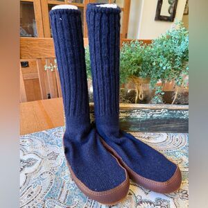Acorn Wool Knee High Leather Sole Slipper Socks Unisex Navy Size M 6-7 W8-9